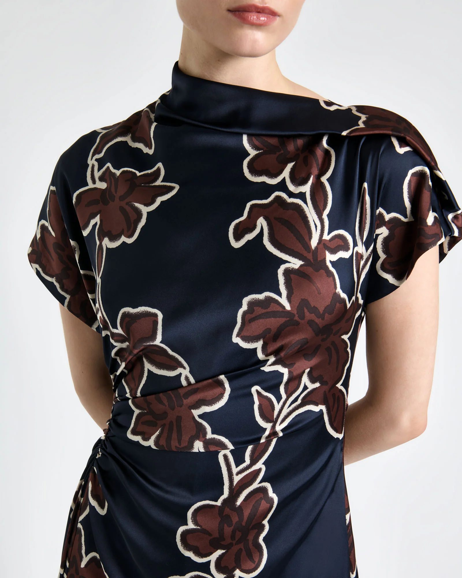 Ink Illustrated Floral Satin Fold Neck Dress - Image 3